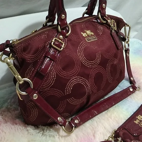 SALE! Auth Coach Sophia Mad Dotted Art Dark Red/Gold Bag & NWT Wristlet Bundle - Picture 3 of 16